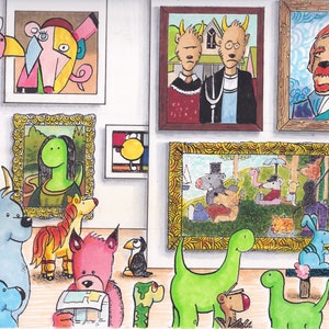 Whimsical Illustration Of Imaginary Animals And Humorous Famous Paintings At An Art Museum