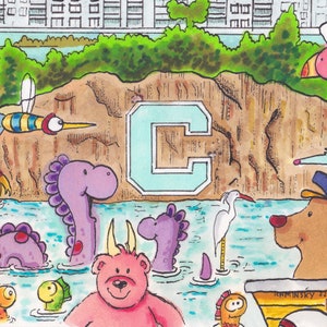 May include: A colorful illustration of a variety of animals, including a purple dinosaur, a yellow and orange spotted animal, a pink bear, a blue bird, and a brown bear in a boat. The illustration is set against a background of a brown rock with a blue letter C on it.