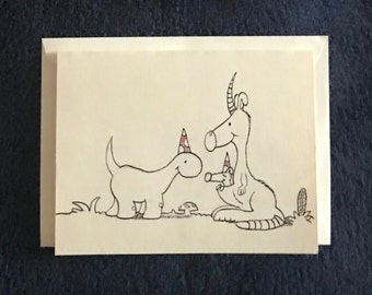 Hand Drawn Birthday Card with Dinosaur and Funny Animals