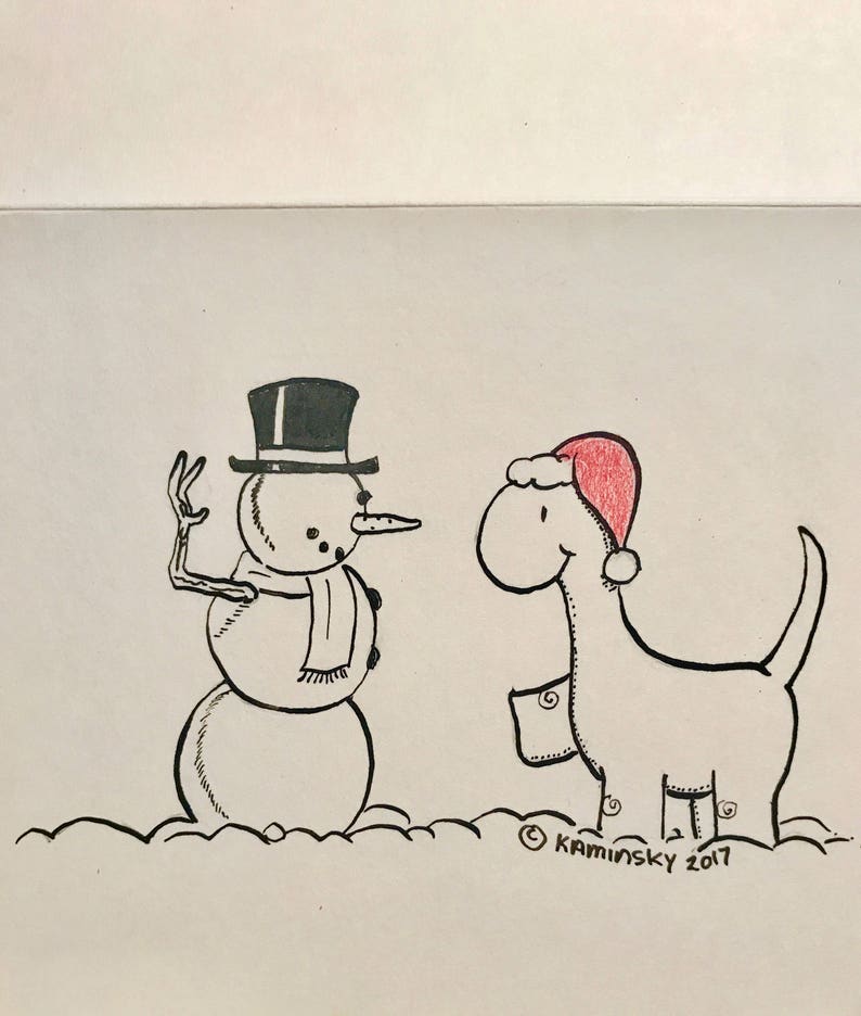 Snowman Greets Dinosaur Handmade Holiday Greeting Card - 