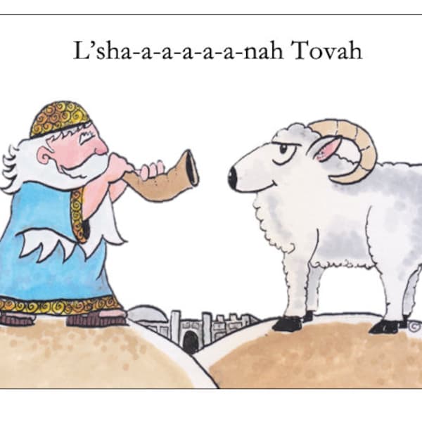 Funny Jewish New Year Card, Rabbi With Shofar and Sheep. L'Sha-a-a-a-a-nah Tovah, Humorous Rosh Hashana Card