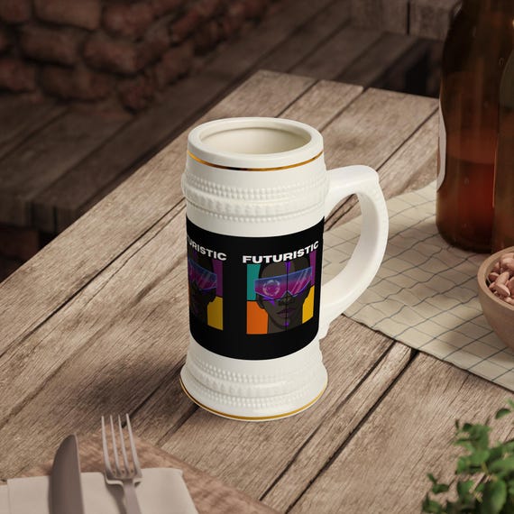 Futuristic Beer Stein Mug, Unique Gift for Beer Lovers, Cyberpunk Decor, Retro Party Accessory, Cool Collectible