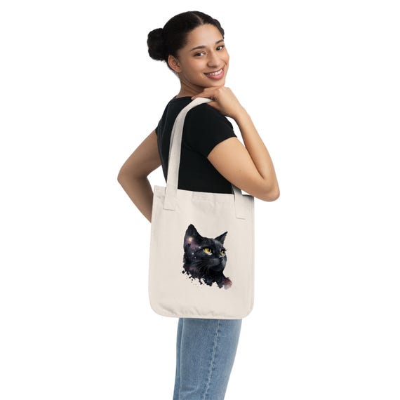 Cosmic Cat Organic Canvas Tote Bag, Cat Lover Gift, Eco-Friendly Shopping Bag, Artsy Cat Tote, Birthday Gift for Her