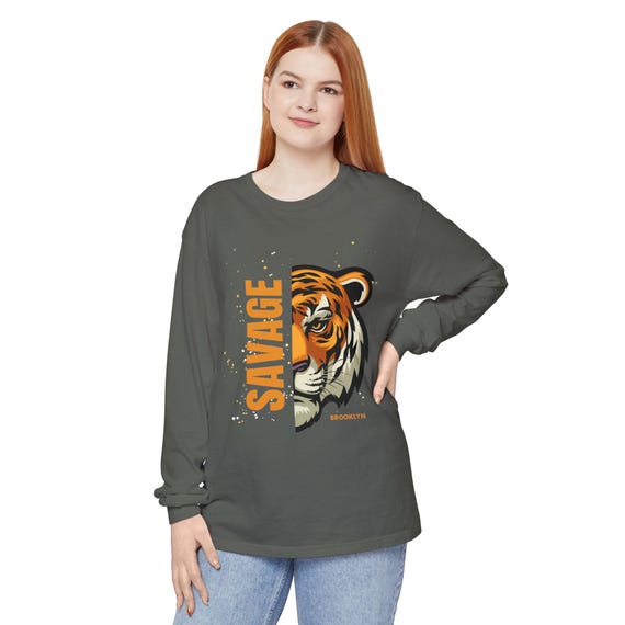 Savage Tiger Long Sleeve T-Shirt, Women Graphic Tee, Wildlife Lover Apparel, Statement Shirt, Birthday Gift, Casual Wear
