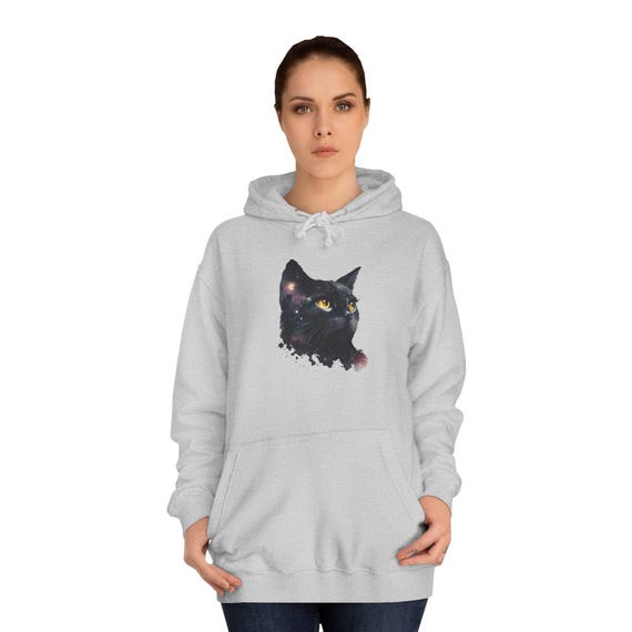 Cosmic Cat Hoodie, Women Space-Themed Sweatshirt, Gift for Cat Lovers, Cozy College Apparel, Unique Galaxy Cat Design