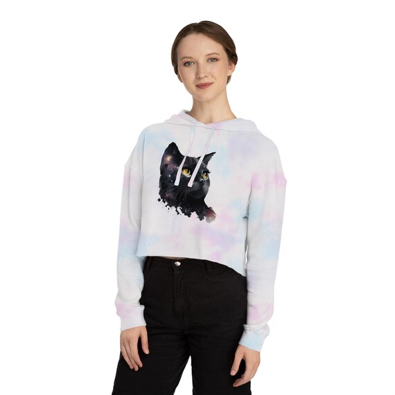 Cosmic Cat Women Cropped Hooded Sweatshirt, Cat Lover Gift, Cute Cropped Hoodie, Unique Pet Apparel, Galaxy Cat Merch