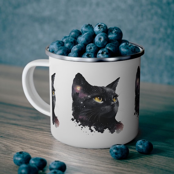 Galactic Cat Enamel Mug - Cute Cat Lover Gift, Camping Essential, Astronomy Coffee Mug, Adventure Accessories, Unique Home Decor