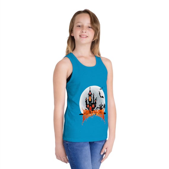 Spooky Halloween Kid's Jersey Tank Top, Funny Halloween Shirt, Ghost and Pumpkin, Youth Halloween Costume, Fall Festival Apparel