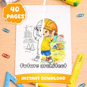 Op de afbeelding: Een kleurplaat van 40 pagina's met een kind dat een gele veiligheidshelm, een geel t-shirt en een blauwe korte broek draagt. De illustratie toont een bouwplaats met een kraan, buizen en een huis. De tekst luidt future architect.