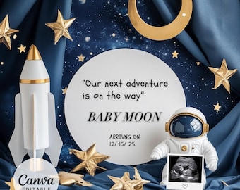Space Theme Pregnancy Announcement: Baby Moon, Rocket, Ultrasound Reveal (Digital Download)
