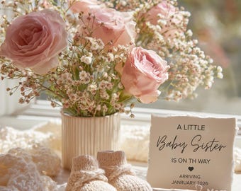 Baby Schwester Ankündigung Vorlage | New Sibling Reveal | Rosa Blumen offenbaren | Bearbeitbare Leinwand | Digitaler Download