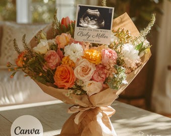 Baby Announcement with Flowers | Minimalist Editable Template | Digital Download Ultrasound Reveal Gender Neutral Style