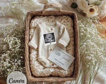 Neutral Baby Announcement Basket | Editable Canva Pregnancy Reveal with Ultrasound & Card