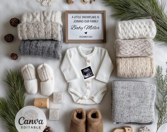 Anuncio de embarazo invernal: Revelación de bebé con copos de nieve, plantilla para redes sociales (descarga digital, edición en Canva)