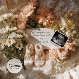 Neutral Pregnancy Announcement | Editable Baby Reveal Template | Vintage Floral Garden Theme | Digital Social Media Pregnancy Reveal