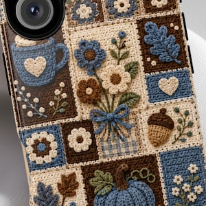 Crochet Fall Phone Case, Granny Square Pumpkin iPhone Case, Blue Autumn Patchwork Phone Cover, Cozy Cottagecore Samsung Case