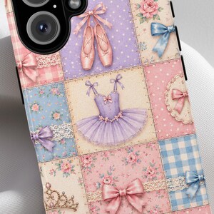 Pink Patchwork Ballet Phone Case, Balletcore Ballerina iPhone Case, Coquette Bow Floral Samsung Case, Pastel Cottagecore Gift for Her