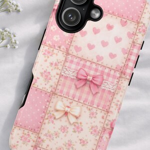 Pink Coquette Phone Case, Patchwork Quilt Pattern with Bows Hearts and Florals, Girly Cottagecore Cover, Shabby Chic Gift for Her