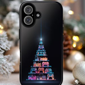 Neon Gaming Christmas Tree Phone Case , 90s Retro Gamer Phone Cover, Glow Controller Design