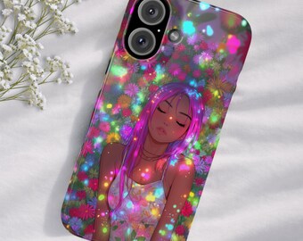 Custodia per telefono a scatto con ragazza anime al neon, custodia con fiori rosa acceso, custodia per telefono iPhone Samsung