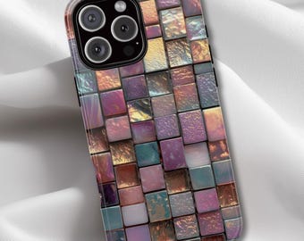 Custodia per telefono resistente con mosaico viola e oro iridescente, finta piastrella di vetro iridescente, custodia per Samsung, custodia per Google Pixel, custodia per iPhone