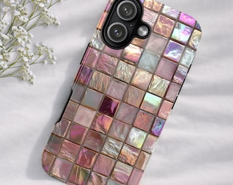 Custodia per telefono con mosaico rosa in stile iridescente, custodia per iPhone con piastrelle rosa perla, custodia per Samsung con piastrelle in vetro iridescente finto, custodia per Google Pixel