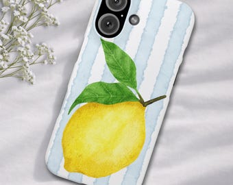 Cover per telefono con motivo limone acquerellato, cover per iPhone e Samsung con strisce blu in stile costiero, estetica mediterranea estiva agrumata.