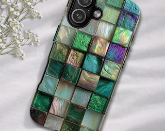 Custodia per telefono resistente con effetto mosaico verde iridescente, finta piastrella di vetro iridescente, custodia per Samsung, custodia per Google Pixel, custodia per iPhone