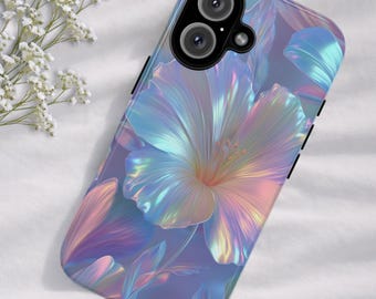 Custodia rigida per telefono con motivo floreale pastello iridescente, custodia a scatto con motivo floreale ghiacciato, custodia trasparente, Samsung, iPhone, Pixel