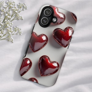 Valentines Day Red Heart Phone Case, Glossy 3D-style Glass Hearts, Romantic Minimal Aesthetic, Gift for Her, Anniversary Gift