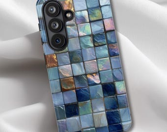 Custodia per telefono con effetto mosaico blu iridescente, finta piastrella di vetro iridescente, custodia per Samsung, custodia per Google Pixel, custodia per iPhone