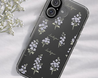 Custodia per telefono con delicato motivo floreale blu, fiore di campo, motivo botanico floreale Larkspur, custodia a scatto, custodia trasparente, iPhone, Samsung