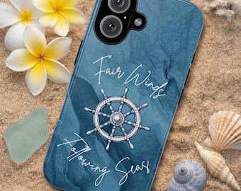 Custodia per telefono con timone nautico vintage, auguri di buon vento e mare calmo, custodia resistente per iPhone, Samsung, Pixel, arte costiera blu navy