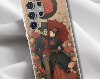 Custodia per telefono con coppia gotica, coppia di scheletri dal romanticismo oscuro, custodia per iPhone di Halloween, custodia flessibile per Samsung con coppia vittoriana