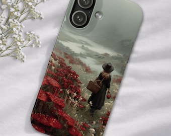 Custodia per telefono a scatto con motivo a fungo Toadstool Forest, custodia per telefono con ragazza che raccoglie funghi, custodia per telefono Woodland Cottagecore, iPhone, Samsung