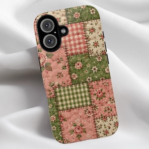 May include: A smartphone case featuring a patchwork design of various fabric patterns including pink roses on a textured background, green floral prints, and red or green gingham checks, with a black camera module cutout at the top left corner.