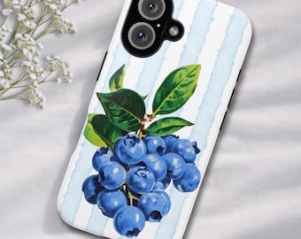Cover per telefono con motivo a mirtilli, cover per telefono a strisce blu con frutta