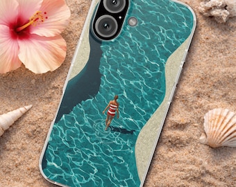 Custodia per telefono estiva retrò con motivo nuotatore, custodia per telefono con motivo nuotatore blu in stile oceano con perline, custodia per iPhone Samsung con motivo costiero per vacanze con perline finte
