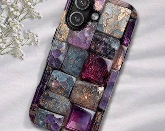 Custodia per telefono con mosaico ametista viola e oro, custodia Samsung effetto piastrelle di vetro finto, custodia Google Pixel effetto pietre preziose finte, custodia per iPhone