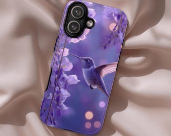 Custodia rigida floreale con colibrì viola, custodia con uccello viola, iPhone, Samsung, Pixel