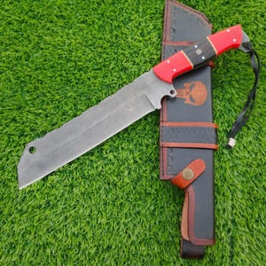 Handmade High Carbon Steel Machete with Red Turquoise & Wenge Wood Handle, Outdoor Camping Survival Blade with Leather Sheath | Gift for Him