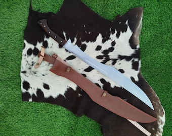 Handmade High Carbon Steel Machete sword: Carved Wood Handle & Leather Sheath