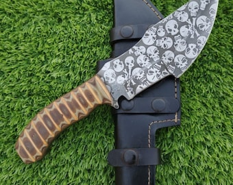 Skull Etched Hunting Knife: Handmade High Carbon Steel Tracker with G10 Handle