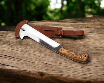 Handmade High Carbon Steel bushcraft Machete: Wood Handle & Leather Sheath