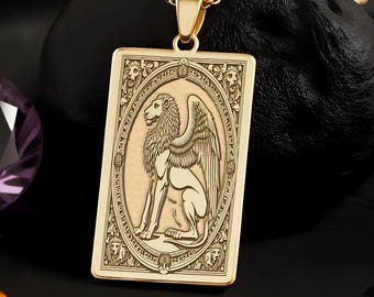Venice Lion Tarot Pendant: 14K Gold Personalized St Mark Necklace