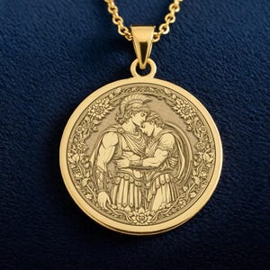 Achilles and Patroclus Necklace: 14K Gold Achilles Coin Greek Mythology Pendant LGBTQ Art