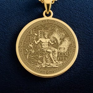May include: Gold-colored pendant necklace featuring a circular pendant with an engraved image of a seated figure. The pendant hangs from a delicate chain. The background is a deep blue, with white flowers in the corners.