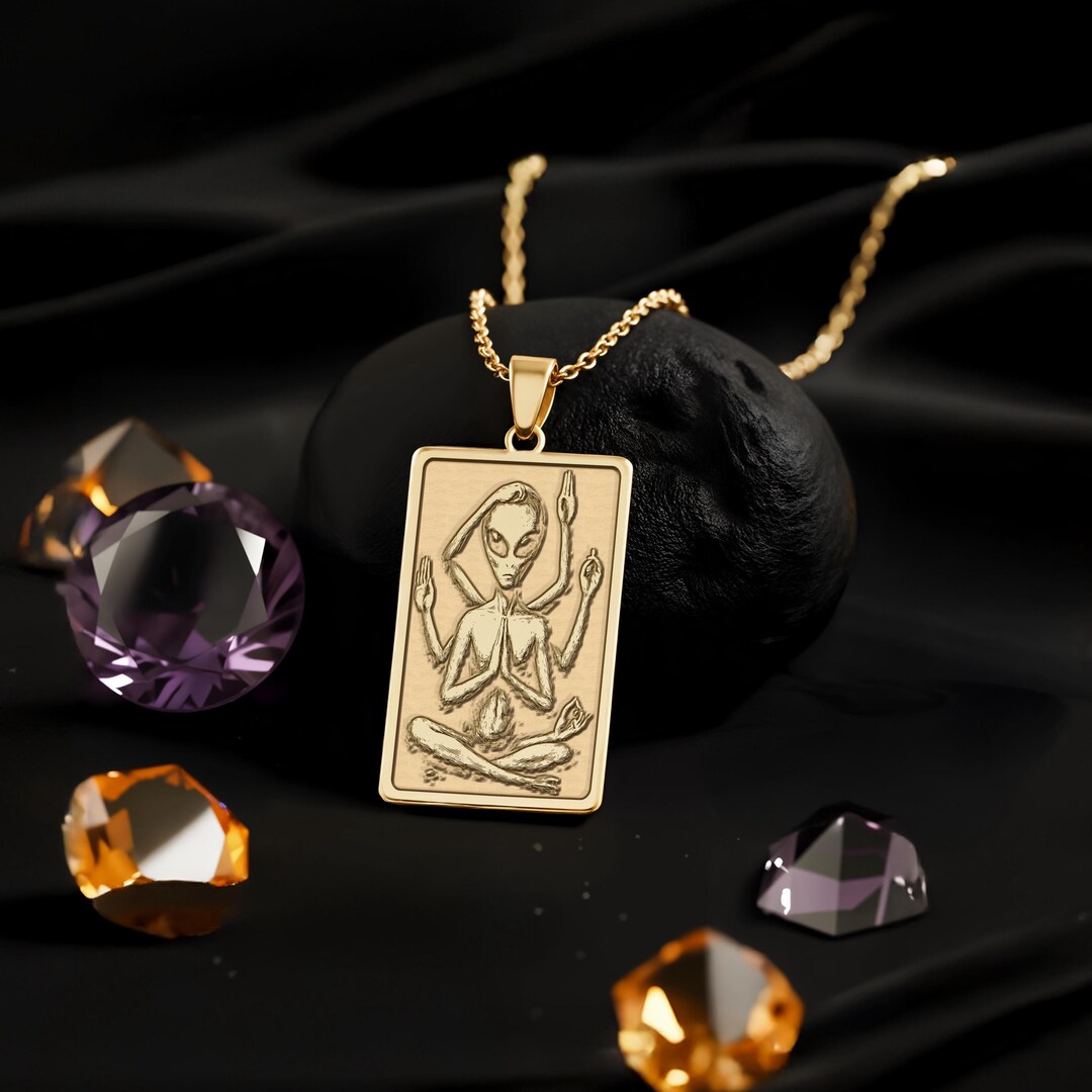 Meditating Alien Necklace: 14K Gold, Zen Sci-fi Art, Yoga Space Gift - Etsy