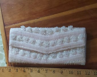 Pink Satin White Iridescent Sequin Bead Purse Vintage Snap Closure Elegant Clutch