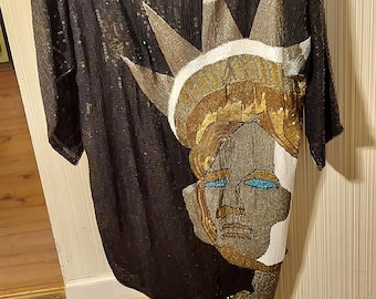 L'Affaire Silk and Sequin Dress featuring the Statue of Liberty RARE Vintage